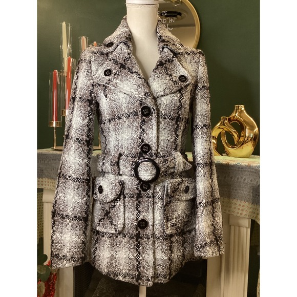 Maurices Jackets & Blazers - Maurices Womens Black White Brown Plaid Belted Pea Coat Jacket Size S Small